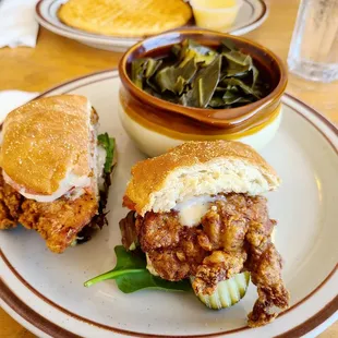 Chicken sandwich with side of greens