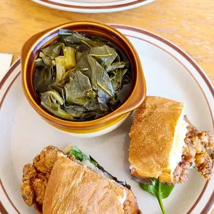 Chicken sandwich with side of greens