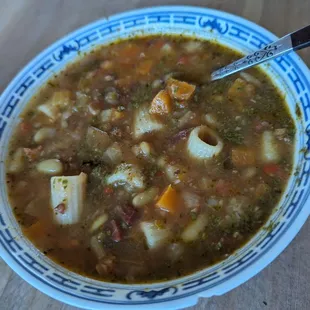 Vegetable soup with cranberry beans, prosciutto, tubetti pasta, &amp; basil pesto, reheated