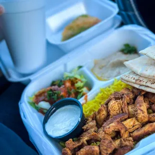 Chicken Shawarma Plate, Baklava, Yogurt Drink