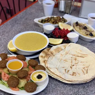 Lentil Soup (best I've ever had), falafel, hummus, baba ghanoush, eggplant salad, pickled beets, olives, and fresh bread.