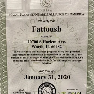 Halal Food Standards Of America Certificate