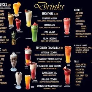 Cocktails, shakes, smoothies, Fresh Juices