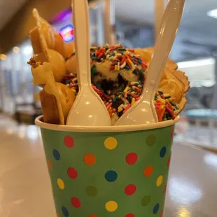 Egg Waffle with two cookie and cream scoops with sprinkles