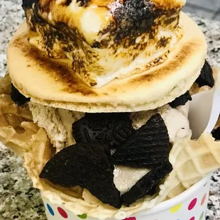 No shame in this dessert game! Nutella gelato, Oreos, coconut macaron, and torched &apos;mallow!