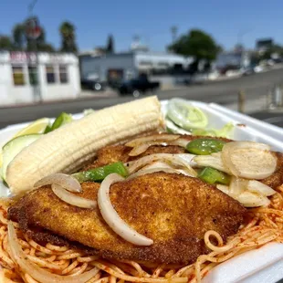 fish. baasto. banana. cucumber salad. basbaas sauce.