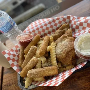 Mozzarella Sticks, 2PC Dark Combo with added Perch Fish. Vanilla Milkshake.