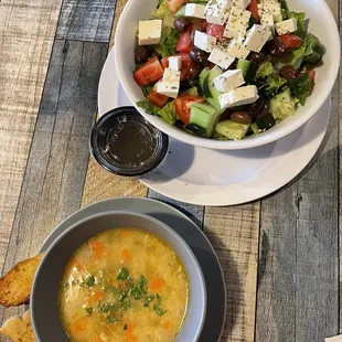 Chicken and rice soup with Greek salad