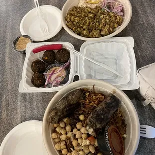 Koshary Bowl with kotfa, falafel, Spicy Chicken with Zaatar Bowl