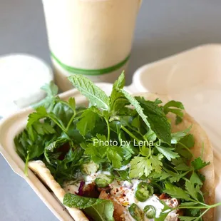 Spicy Chicken Flatbread Sandwich ($15.50) and Soup: Red Lentils with Kale, Dill, and Yogurt ($14 for 1 quart)