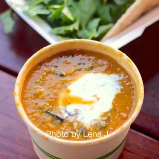 Hot Soup ($7) - Pint of Red Lentil Soup with Kale, Dill, and Yogurt.