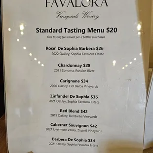 Wine tasting menu