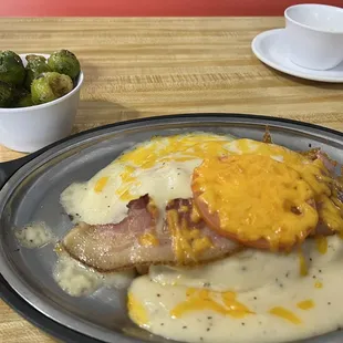 Hot brown and steamed Brussels sprouts.