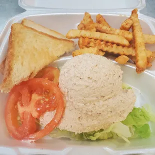 Homemade chicken salad, fries and toast