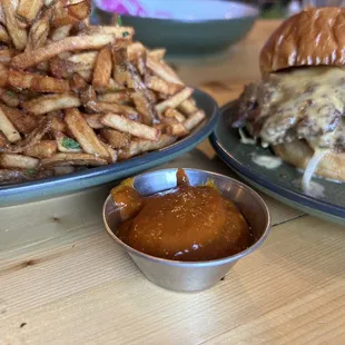 Double burger with fries and curried ketchup