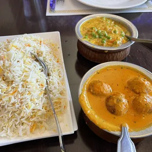 Saffron rice, Matar Paneer, and Malai Kofta