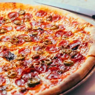 pepperoni, olives, and cheese