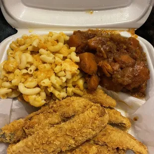 Whiting Fried Fish, Macaroni&amp;Cheese, Sweet Potatoes