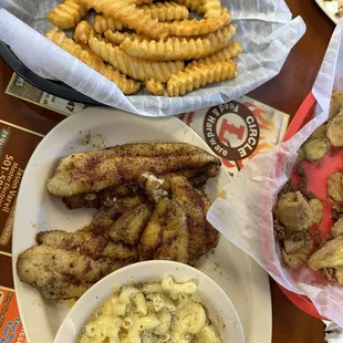 Blackened catfish, mac and cheese, crinkle fries