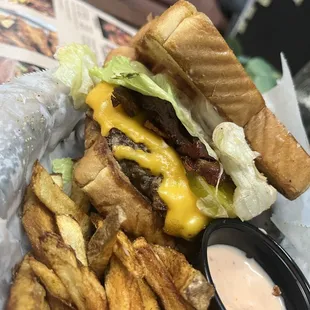 a cheeseburger and fries