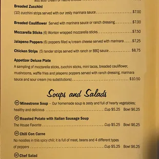 Appetizers and freshly prepared soups and salads.