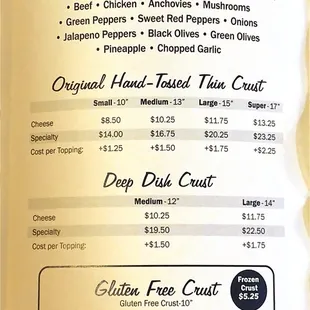 Pizza toppings, sizes, crusts and kids menu.