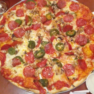 our pizza w/jalapenos, mushrooms, onions, pepperoni