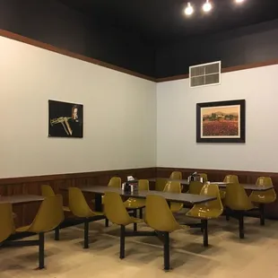 The dining area features local art.