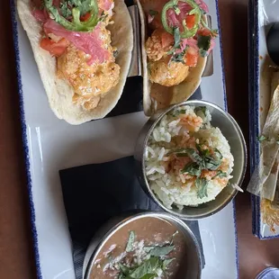 Shrimp Po'Boy Tacos. Rice and pinto beans.