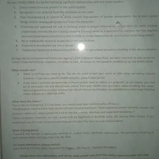 Drinking water notice at clubhouse