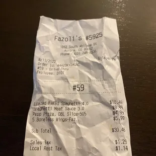 the receipt for the restaurant
