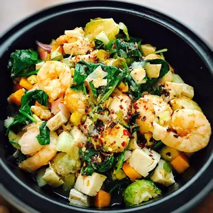 Asian Stir-Fry Chicken + Shrimp + Seasonal Mixed Vegetables (Apple, Kale, Spinach, Onion, Brussel Sprouts, Squash &amp; Walnuts)