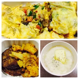 Texas Scramble Omelette, Turkey Sausage, Potatoes, and Grits!