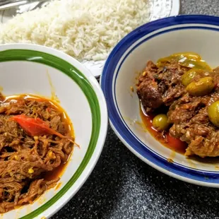 Ropa vieja, rabo encendido (oxtail), arroz blanco.