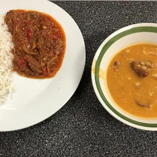 ropa vieja (Cuban Beef) and pota je garbanzo (chick pea soup with pork)