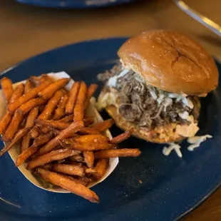 Pimento Pork Stacker with sweet potato fries