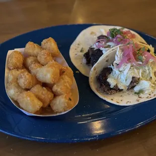 Brisket 2 Ranch Style Flour Tacos with Tater Tots