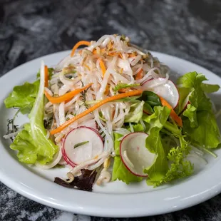 Glass Noodle Salad
with julienned root vegetables, fresh herbs, pickled bean sprouts, and sesame ginger vinaigrette