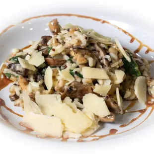 Arborio, Farro &amp; Quinoa Risotto
with mushrooms, baby spinach, Parmesan cheese, and red wine reduction