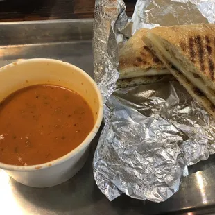 Soup of the day (Tomato Basil) and gourmet Feast Grilled Cheese Sandwich