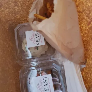 Fries, lobster "roll" and smoked salmon potato salad