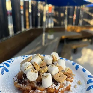 Patio dining and Funnel Feasts S&apos;more Funnel Cupcake