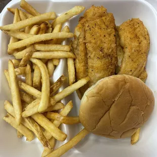 Fish sandwich and fries, fresh and hot!