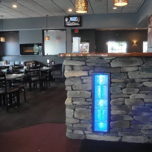 Our new hostess stand in our remodeled dining room.