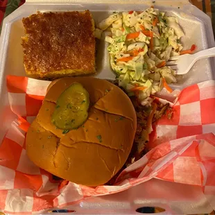 Pulled pork , coleslaw and cornbread