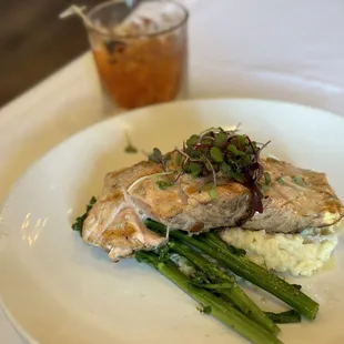 Grilled Salmon Dinner with mushroom risotto and asparagus. Along with a $5 old fashioned at lunch (11a-3p)