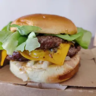 a hamburger with lettuce and cheese