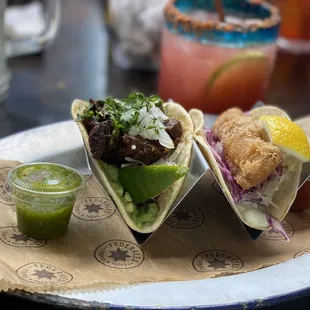 Steak and beer batter cod tacos.