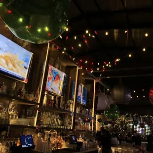 a bar decorated for christmas