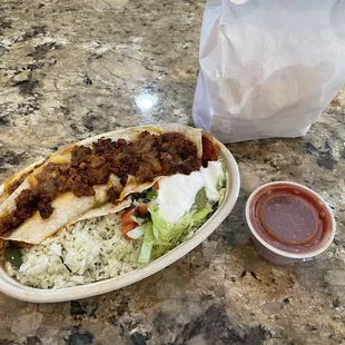 Spicy Burrito (steak), chips and salsa to go